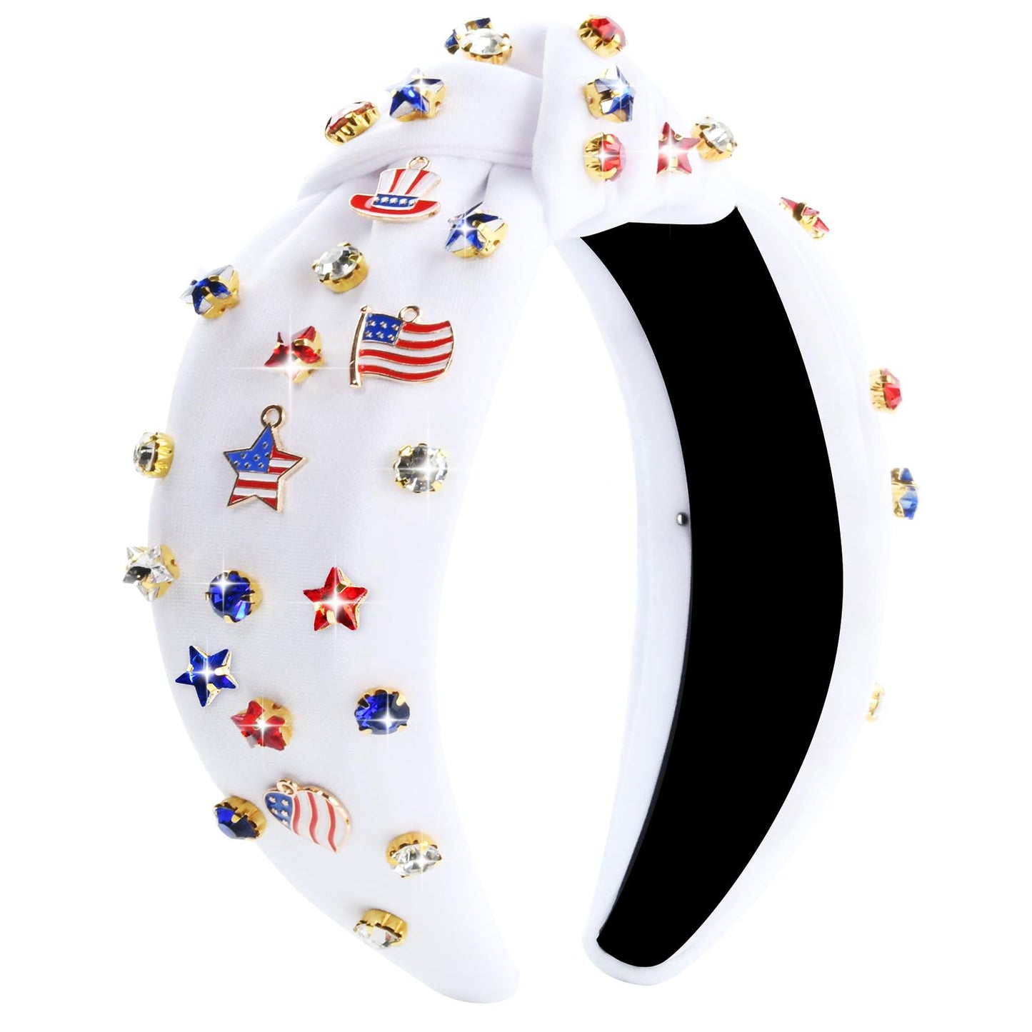 ABONDEVER Patriotic Rhinestone Beaded Headbands for Women American Flag Crystal Knotted Headband Embellished Jeweled Headbands 4th of July Hairband Accessories Gifts (White-Star)