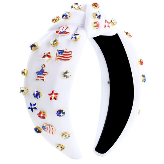 ABONDEVER Patriotic Rhinestone Beaded Headbands for Women American Flag Crystal Knotted Headband Embellished Jeweled Headbands 4th of July Hairband Accessories Gifts (White-Star)