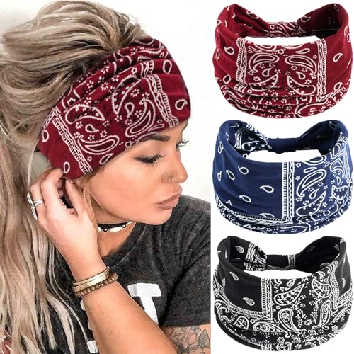 SAWINDA Wide Boho Headbands for Women Floral Print Twist Knot Elastic Non-Slip Womens Head Bands African Style Daily Life Yoga Sports Hair Wraps 4 Pack