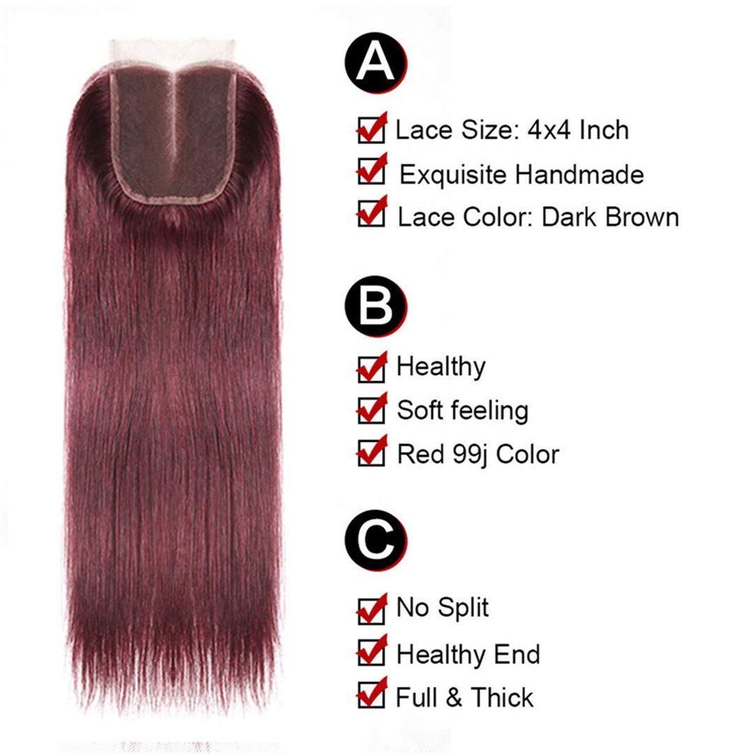 Straight Hair 8A Brazilian Virgin Hair 99j Burgundy Straight Hair 100% Unprocessed Human Hair Weaves 3 Bundles with Lace Closure 4x4 Free Part Red Wine Color Weft Weaves 12 14 16 with 12C,burgundy…