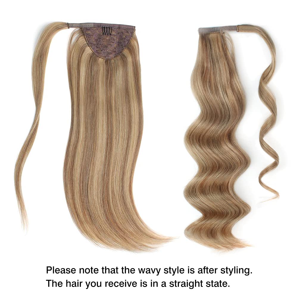 ABH AMAZINGBEAUTY HAIR High Ponytail Extension for Women, Remy Human Hair, Wrap in Easy to Use, Chestnut Brown with Dirty Blonde Highlights P6-12 Color, 80 Gram,16 Inch
