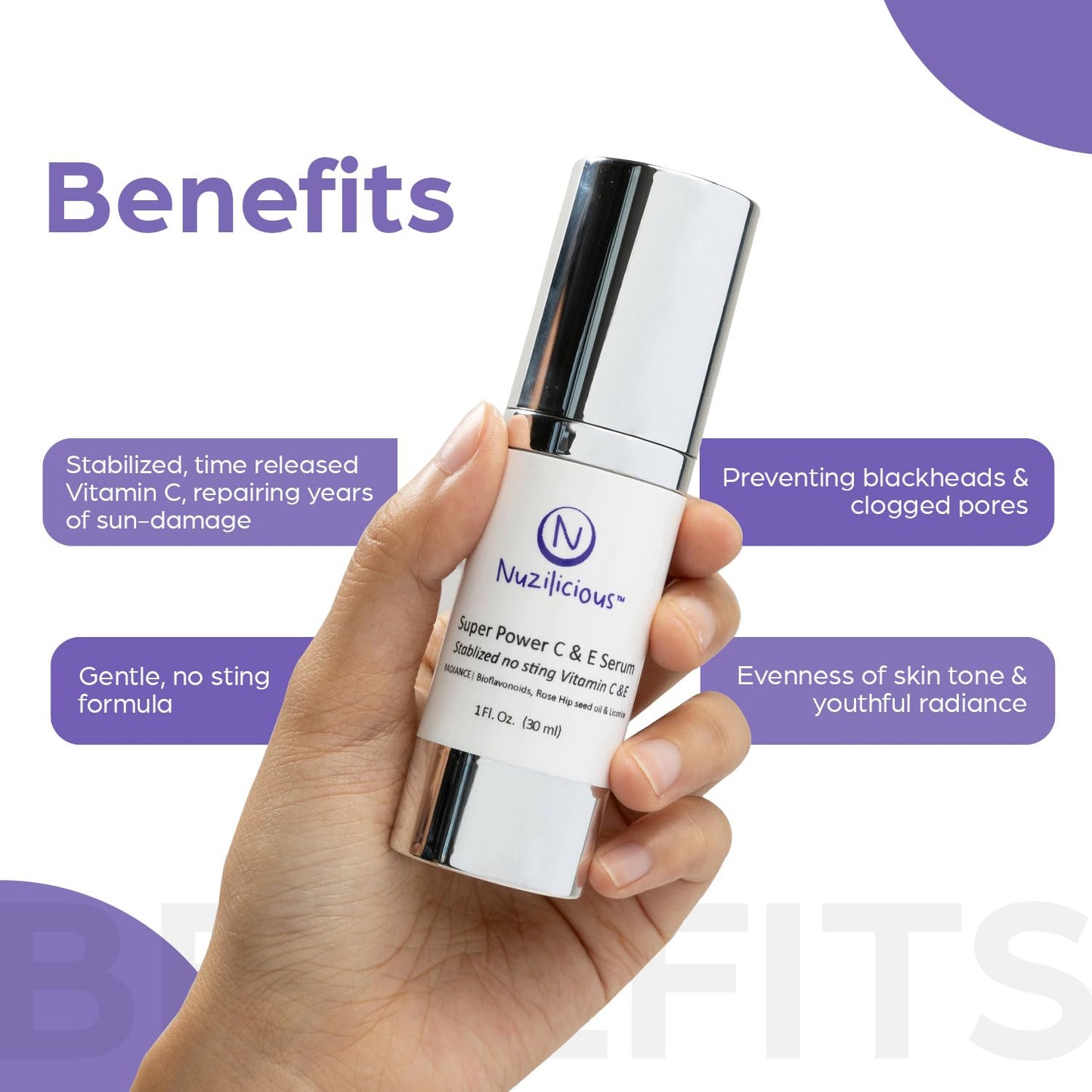 Nuzilicious Professional Grade Super C & E Serum – Vitamin C & E for Radiant, Youthful Skin, Stabilized Formula, Vegan & Cruelty-Free Glow-Up Serum, 1 oz