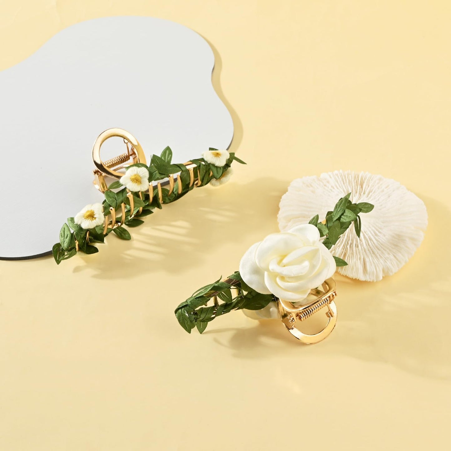 Yonchic 2-Piece Multiple Shapes Metal Hair Clips, Camellia Flower Hair Claws for Thin/Medium Thick Hair, Elegant Rose Barrettes Strong Hold Hair Clamps Non Slip Cute Fabric Hair Accessories