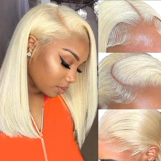UWLK 613 Blonde Bob Wig Human Hair 180% Density 13X4 Lace Front Wigs Pre Plucked Bleached Knots with Baby Hair Short BOB Wig For Women