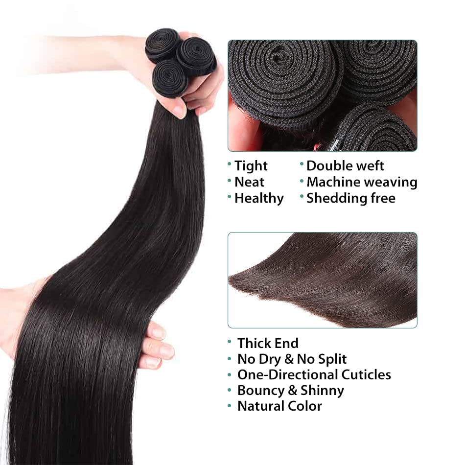 Straight Bundles Human Hair Color 1B Bundles 8a Grade Brazilian Human Hair Natural Color Weave Hair Extensions Double Weft Remy Hair Soft and Silky for Black Women (22 24 26 inch,3 Bundles)