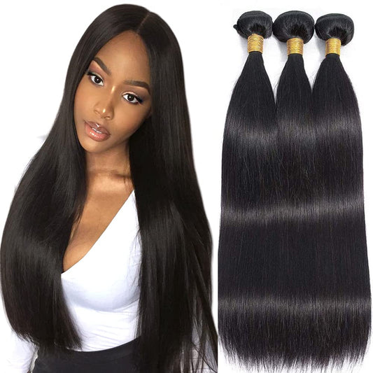 Straight Bundles Human Hair Color 1B Bundles 8a Grade Brazilian Human Hair Natural Color Weave Hair Extensions Double Weft Remy Hair Soft and Silky for Black Women (22 24 26 inch,3 Bundles)