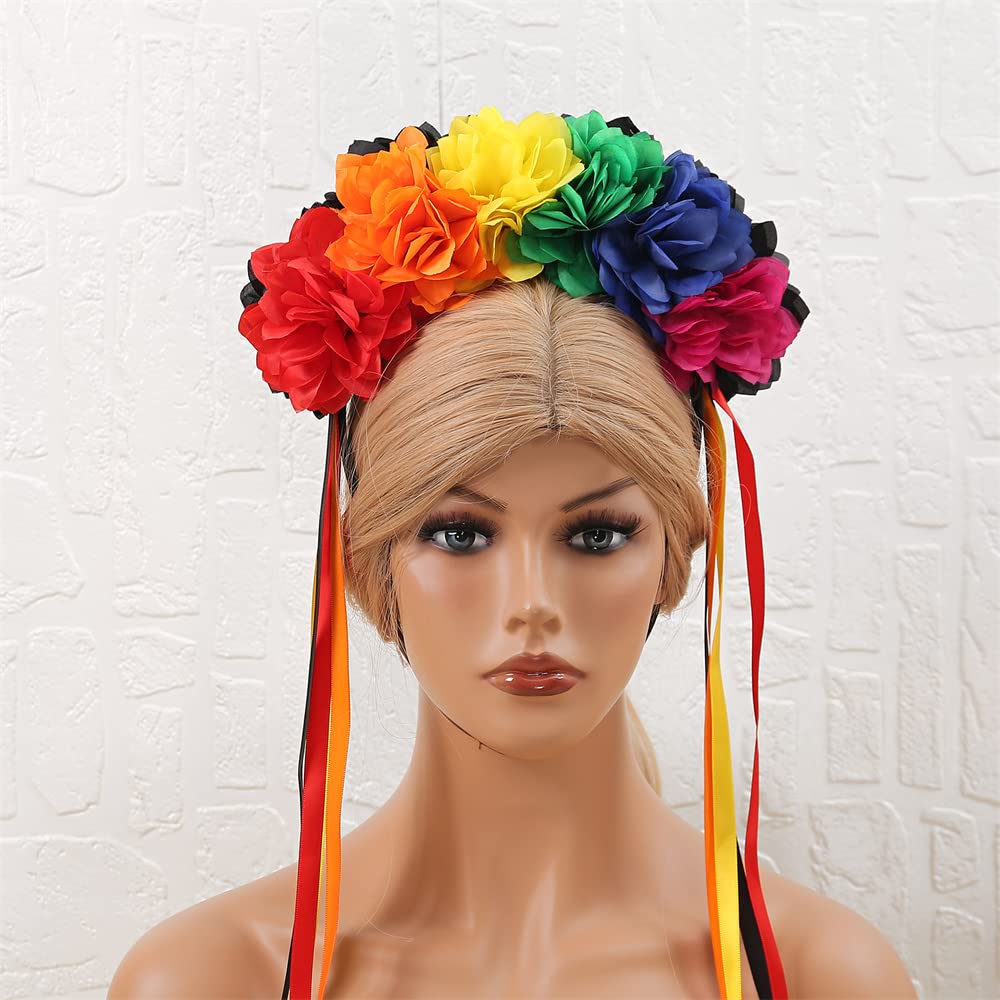Bubbmi Mexican Flower Crown Headband with Ribbon, Day of the Dead Headwear, Dia De Los Muertos Headpiece, Halloween Easter Flower Headband(Mexican C)
