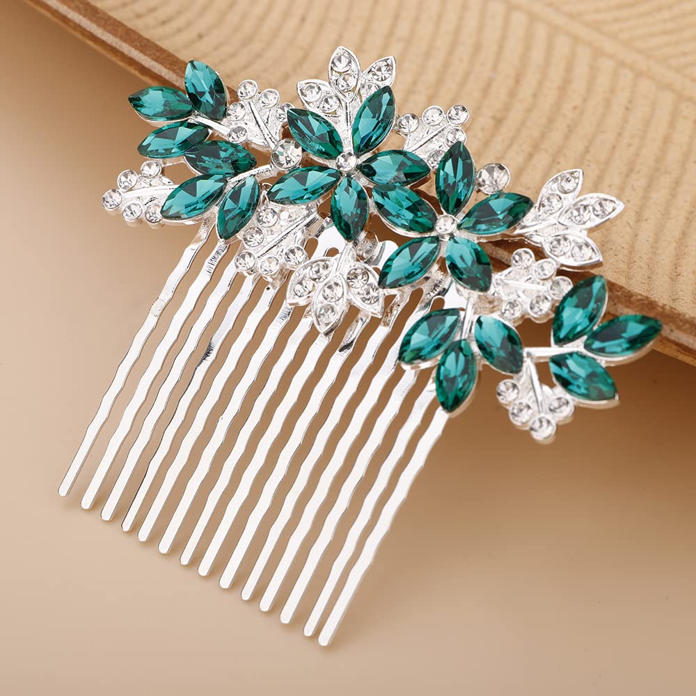 Teyglen Women Dainty Silver Gold Green Rhinestones Bridal Wedding Hair Comb, Luxurious Shiny Rhinestone Hair Accessories for Brides and Girls (Silver Green)