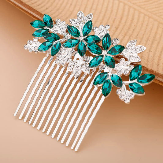 Teyglen Women Dainty Silver Gold Green Rhinestones Bridal Wedding Hair Comb, Luxurious Shiny Rhinestone Hair Accessories for Brides and Girls (Silver Green)