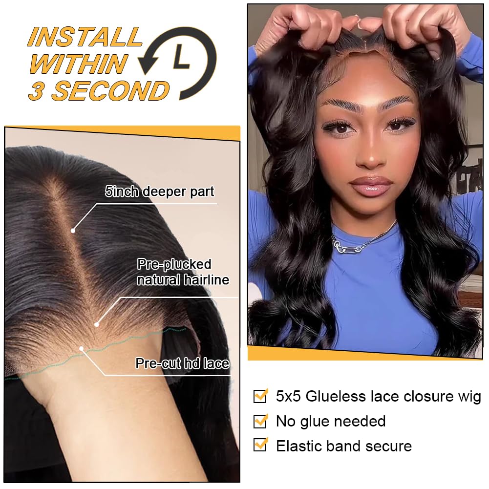Tosiboy 5x5 Hd Lace Closure Wigs Human Hair Pre Cut Lace Glueless Wig Wear and Go Wigs Human Hair Pre Plucked 180 Density Body Wave Lace Front Wigs Human Hair Glueless for Women Natural Hairline