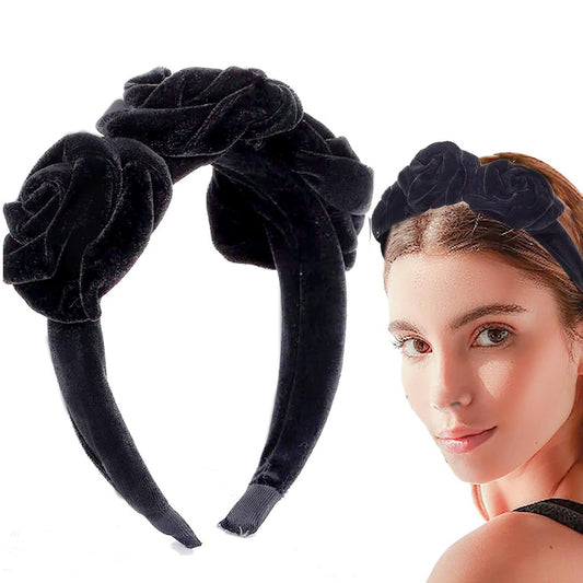 Blindery Elegant Headband Flower Headbands Velvet Hair Bands Rose Flower Hairband for Women and Girls (black)