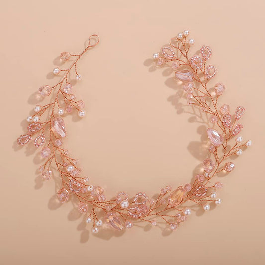 Teyglen Pink Rhinestones Crystal Hair Vine Headband, Handmade Bridal Hair Accessories for Women Girls (1 Count, Pink)