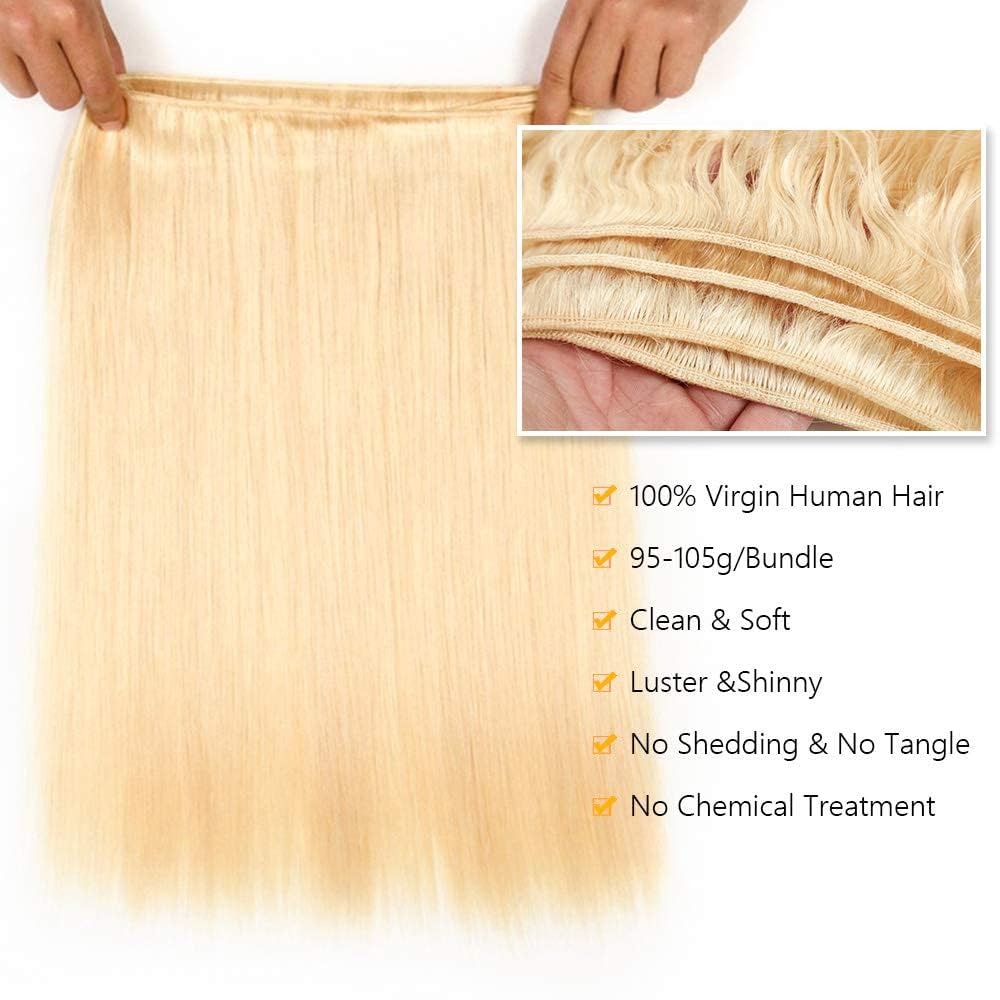QTHAIR Human Hair Blonde Bundles 14A Grade 100% Brazilian Human Hair Color #613 Platinum Blonde Straight 26" Light Blonde Color Bundles 613 Color Straight Human hair Extensions 100g/Bundle