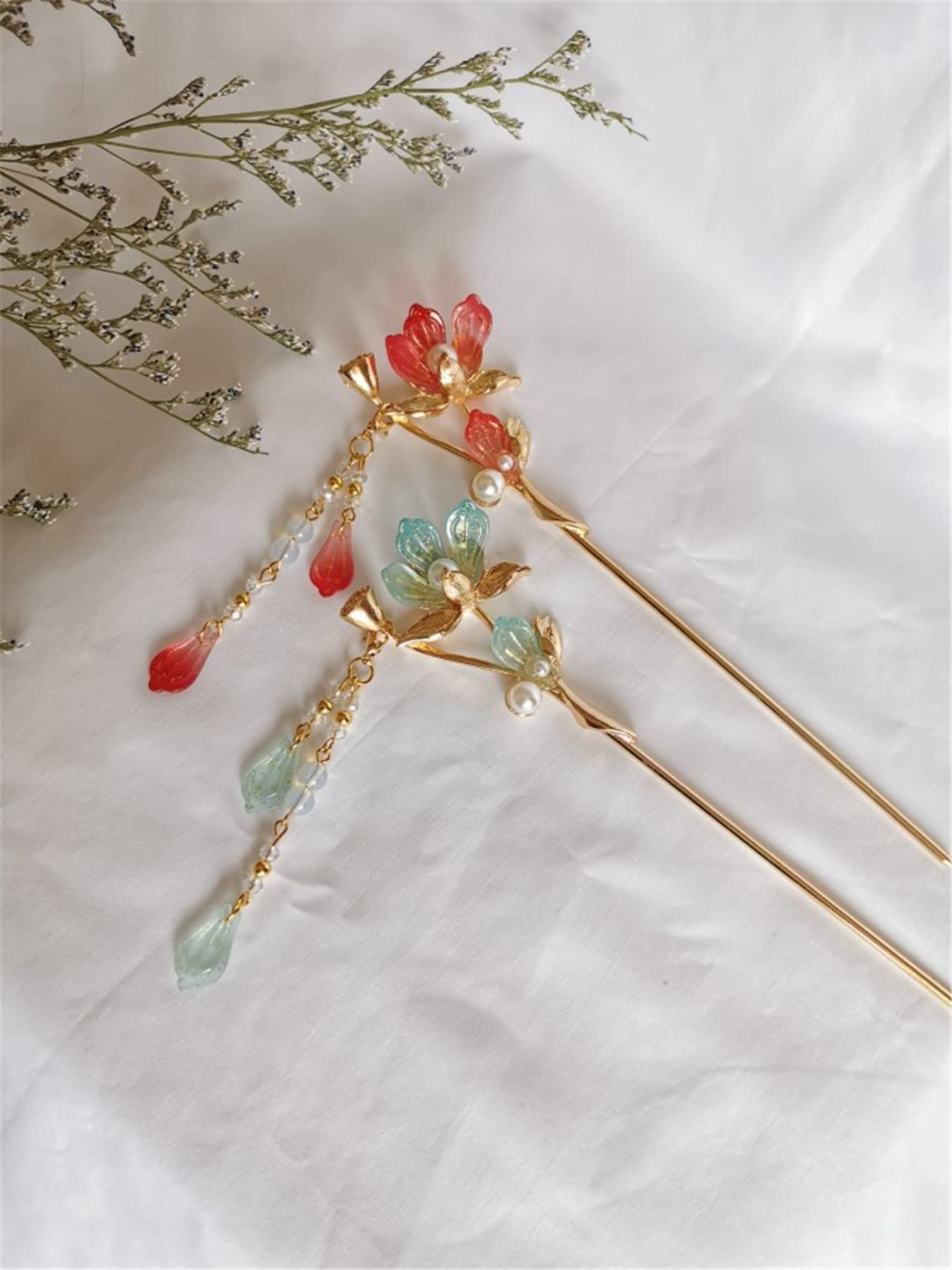2PCS Chinese Traditional Flower Hair Sticks Vintage Pearl Metal Hairpin Handmade Hair Chopsticks Hair Styling Chignon Pins for Women Girls-Red&Green 010