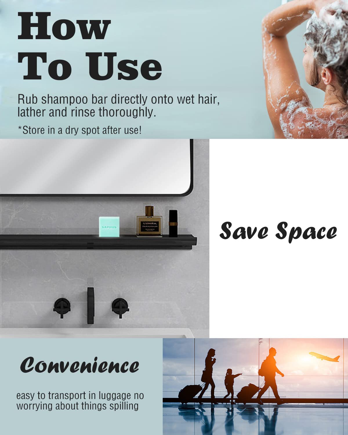 SAPHUS 6Pcs Shampoo Bars for Hair (8.46oz), Shampoo Soap Bar Set for Women and Men Travel, Natural Ingredients, Sulfate Free Solid Shampoo for Dandruff, Oily Hair, Blue