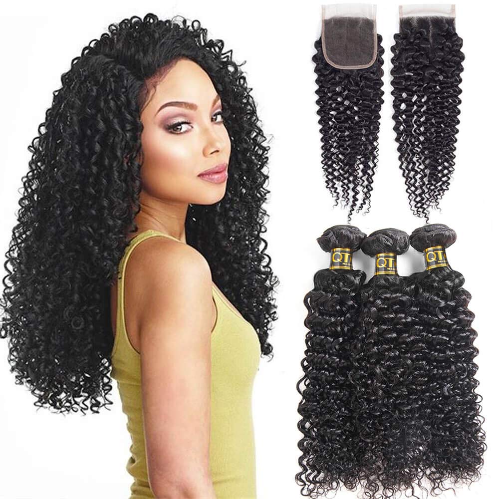 QTHAIR 14A Brazilian Curly Virgin Human Hair Bundles with 4X4 Middle Part Lace Closure Unprocessed Human Hair Extensions Natural (14 16 18+12,lace closure)