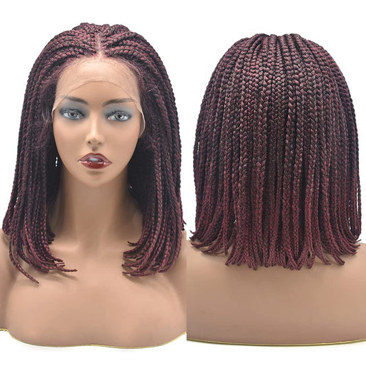 3”X3.8" Realistic Hand Tied Lace Front Box Braids Glueless Wig for Women Premium Quality Synthetic Lightweight Twist BOB Braided Wigs with Baby Hair Blonde Color (#1B/99JT Black Mix Wine Red)