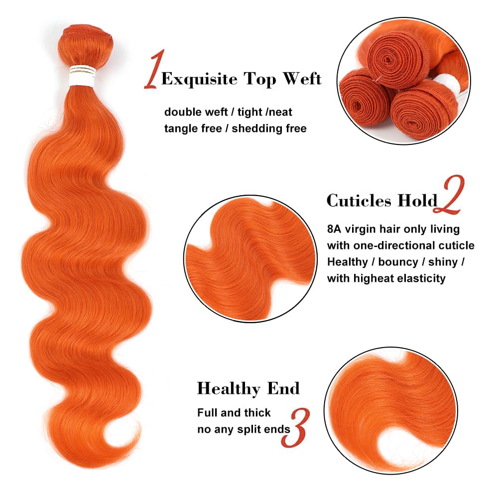 REMY HAIR Body Wave Bundles Human Hair Orange Hair Extensions for Black Women Colored Bright Orange Hair Weave Bundles 1pc 20 Inch