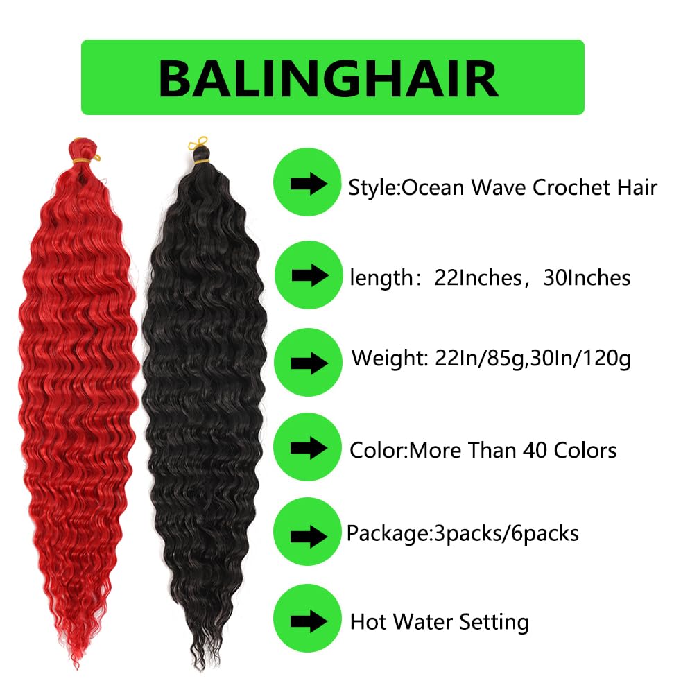 BALINGHAIR Ocean Wave Crochet Hair 30 Inch Deep Wave Braiding Hair 3 Packs Long Curly Crochet Braids Hair Extensions Red