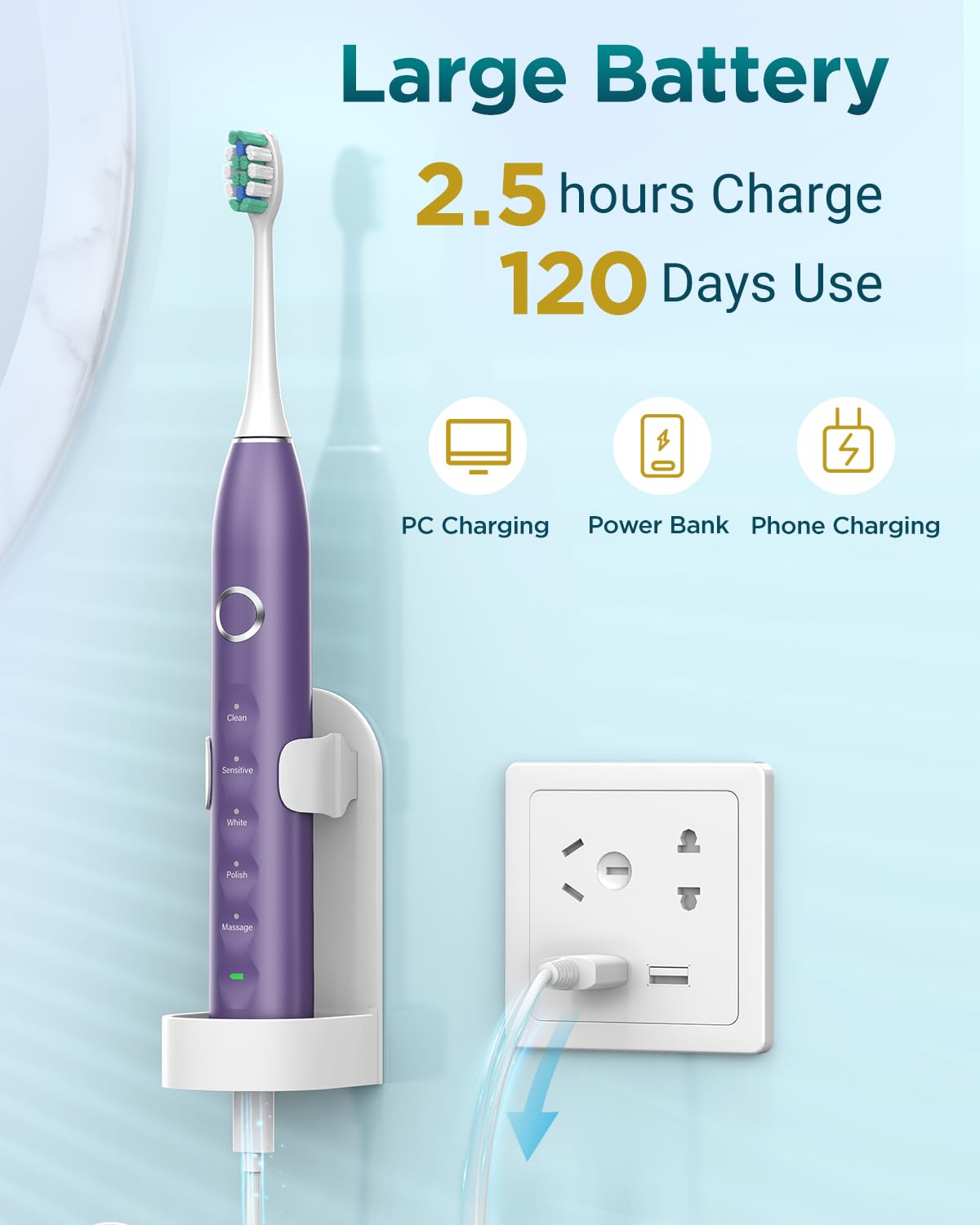 Rtauys S5 Sonic Electric Toothbrush for Adults with 8 Brush Heads, IPX7 Travel Electric Toothbrush with Travel Case, 2.5 Hours Charge for 120 Days, 5 Modes with 2 Minutes Built in Smart Timer Purple