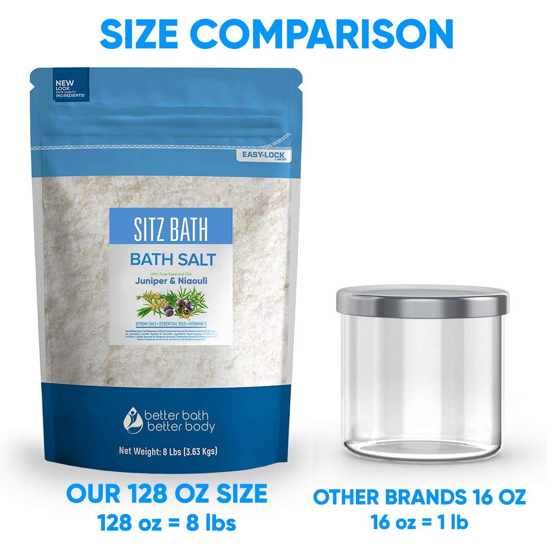 Sitz Bath Soak 128 Ounces Sitz Salt Epsom Salt with Natural Geranium, Frankincense, Lavender, Niaouli Essential Oil Plus Vitamin C in BPA Free Pouch with Press-Lock Seal