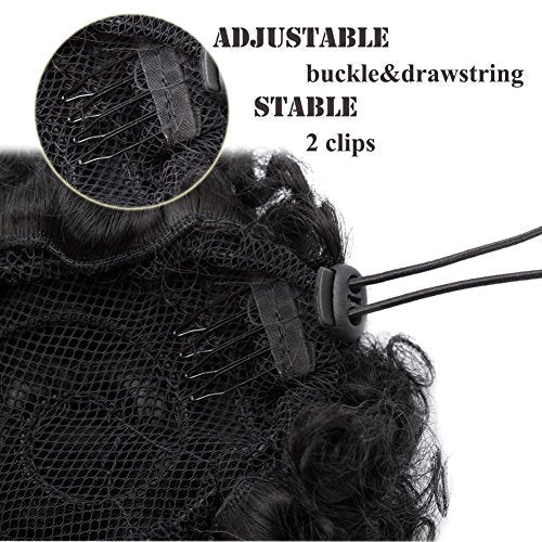 Benehair Messy Bun Hair Piece Afro Puff Drawstring Updo Kinky Curly Scrunchy Hair Bun Ponytail Puff Chignon Extensions Thick Fluffy Hairpiece with 2 Clips for Black Women Dark Black Medium Size