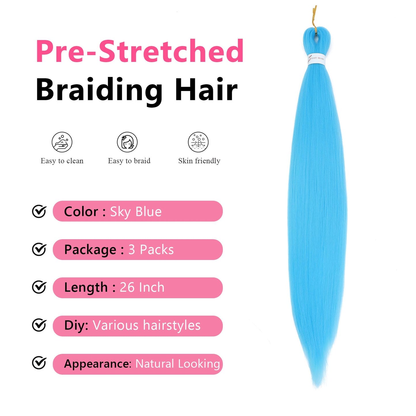 Braiding Hair Pre Stretched 26 Inch Sky Blue Braiding Hair Extensions for Braids 3Packs Long Braids Crochet Hair for Braiding Sky Blue EZ Braids Hot Water Setting Braiding Hair