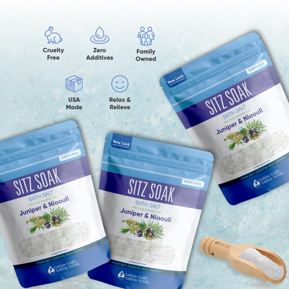 Sitz Bath Salt (3-Pack with Scoop) Hemorrhoid Soothing Sitz Soak Epsom Salt with Pure Essential Oils in BPA-Free Pouch with Easy Press Seal Made in USA with Bamboo Scoop, Three Pouches 6-Lbs Total