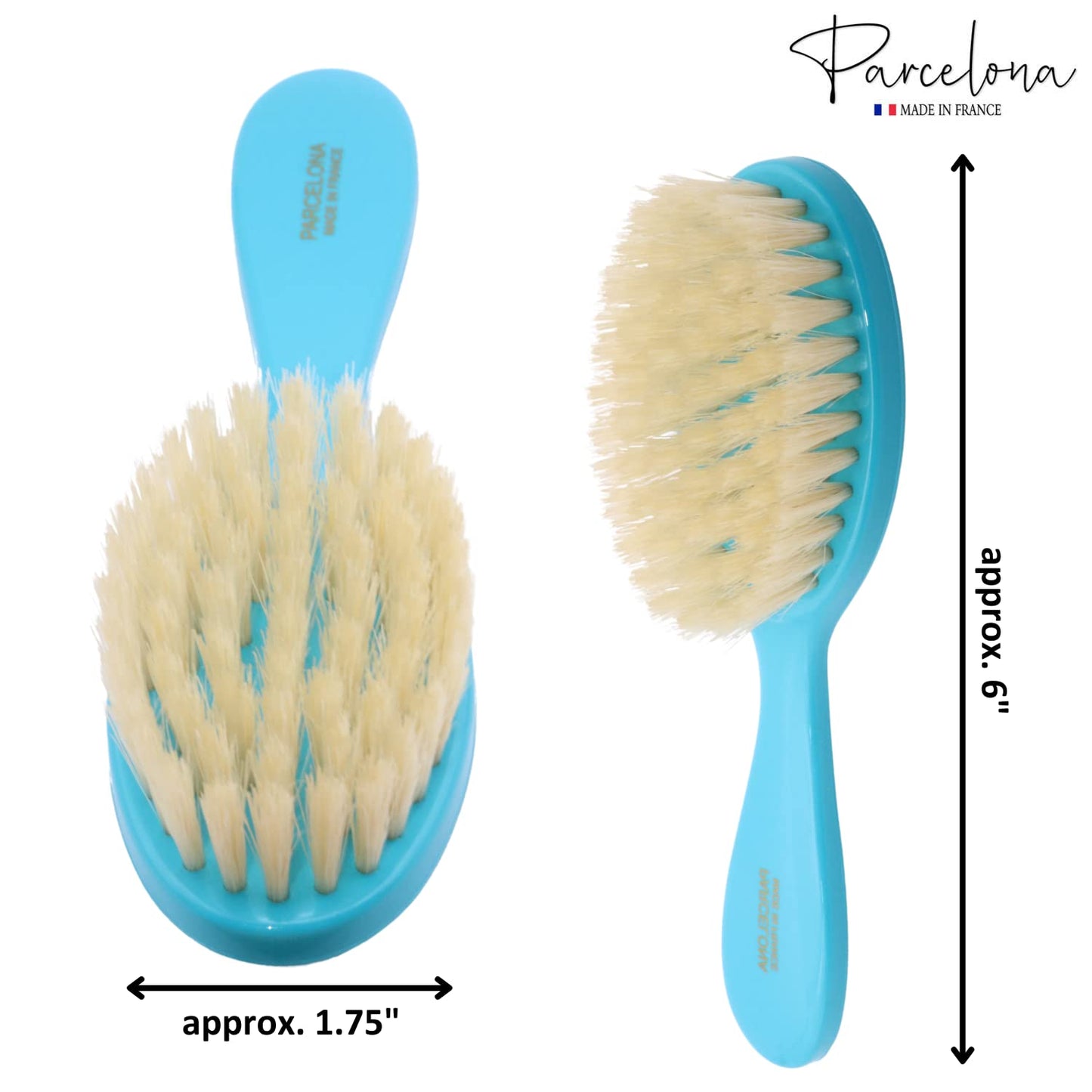Parcelona French Grooming Combo White Blue and Brown 6” Celluloid Soft Natural Silk Bristles Baby Brush and Comb for Girls and Toddlers (Turquoise Blue)