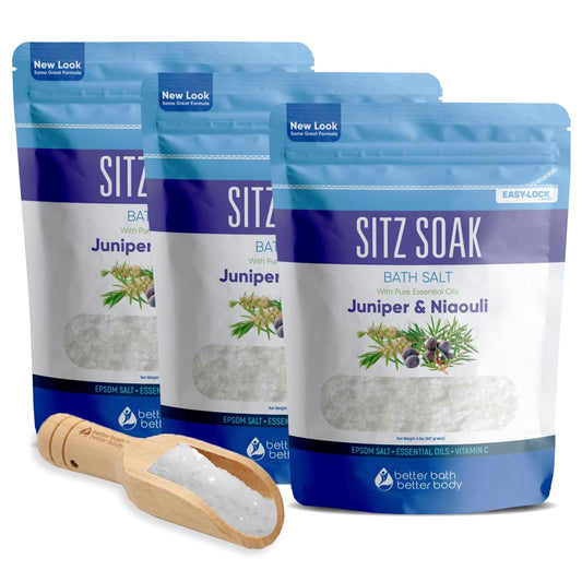 Sitz Bath Salt (3-Pack with Scoop) Hemorrhoid Soothing Sitz Soak Epsom Salt with Pure Essential Oils in BPA-Free Pouch with Easy Press Seal Made in USA with Bamboo Scoop, Three Pouches 6-Lbs Total