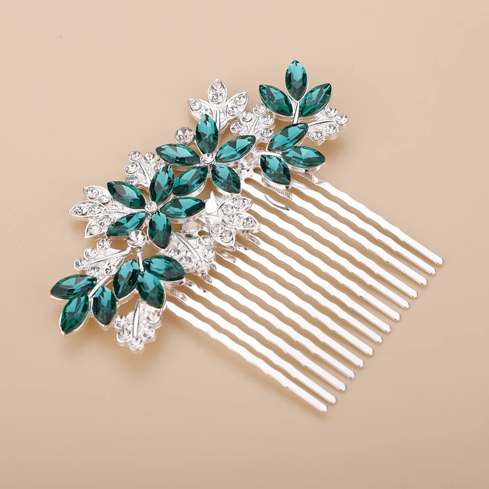 Teyglen Women Dainty Silver Gold Green Rhinestones Bridal Wedding Hair Comb, Luxurious Shiny Rhinestone Hair Accessories for Brides and Girls (Silver Green)
