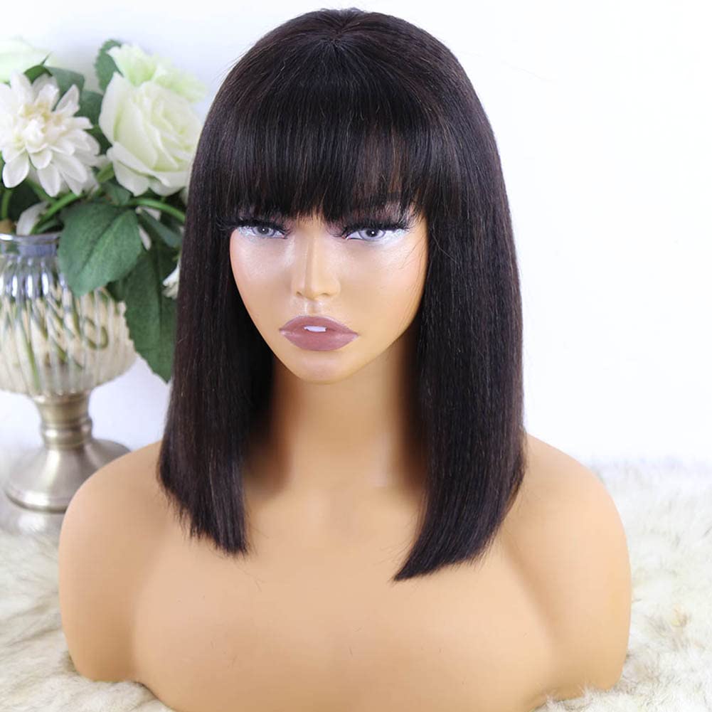 Y WIGS Yaki Straight Human Hair Wig with Bangs Glueless Short Bob Wig Human Hair 2x1 Lace Bob Wig with Bangs 12" 150% Density NC
