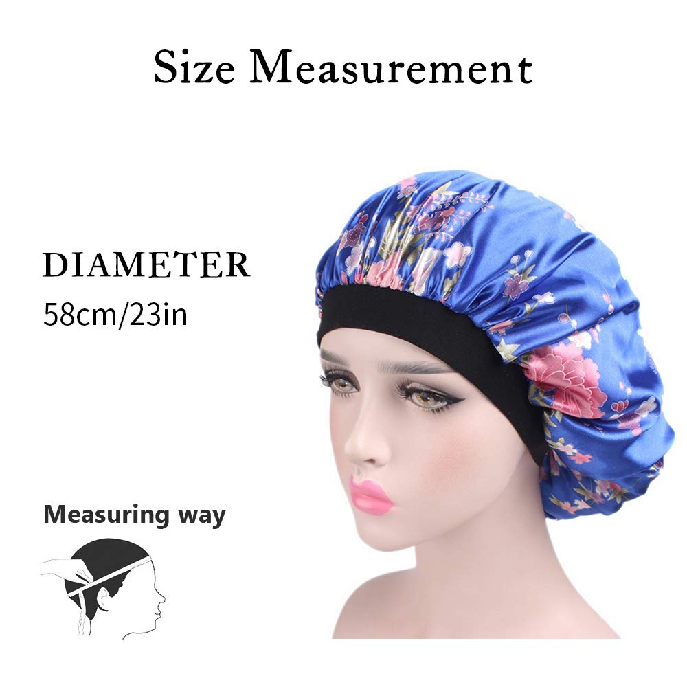 Tvoip 1Pcs Hair Satin Bonnet For Sleeping Shower Cap Silk Bonnet Bonnet Femme Women Night Sleep Cap Head Cover Wide Elastic Band (Black Flower)