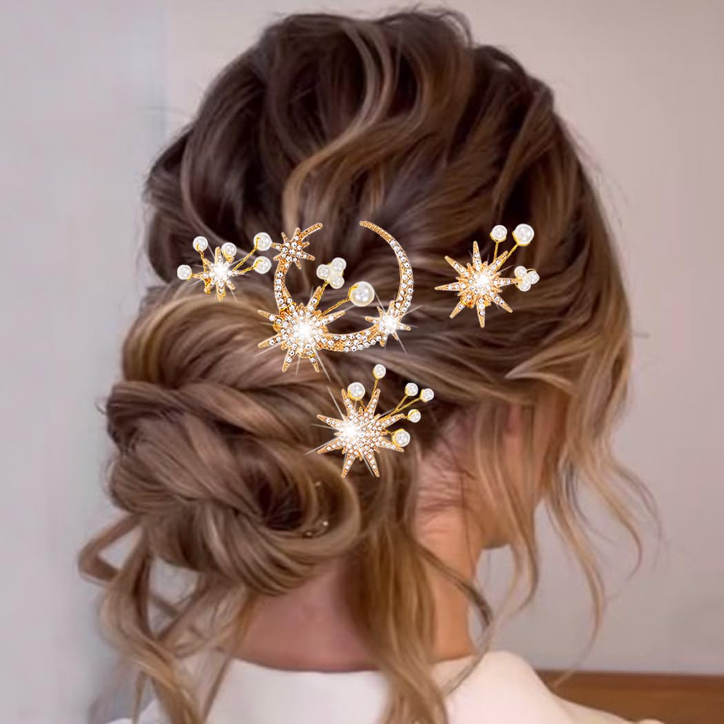 BARTOSI Gold Moon Star Hair Pins Rhinestone Bridal Hair Clips Pearl Bride Wedding Hair Accessories for Women and Girls (Pack of 4) (Gold)