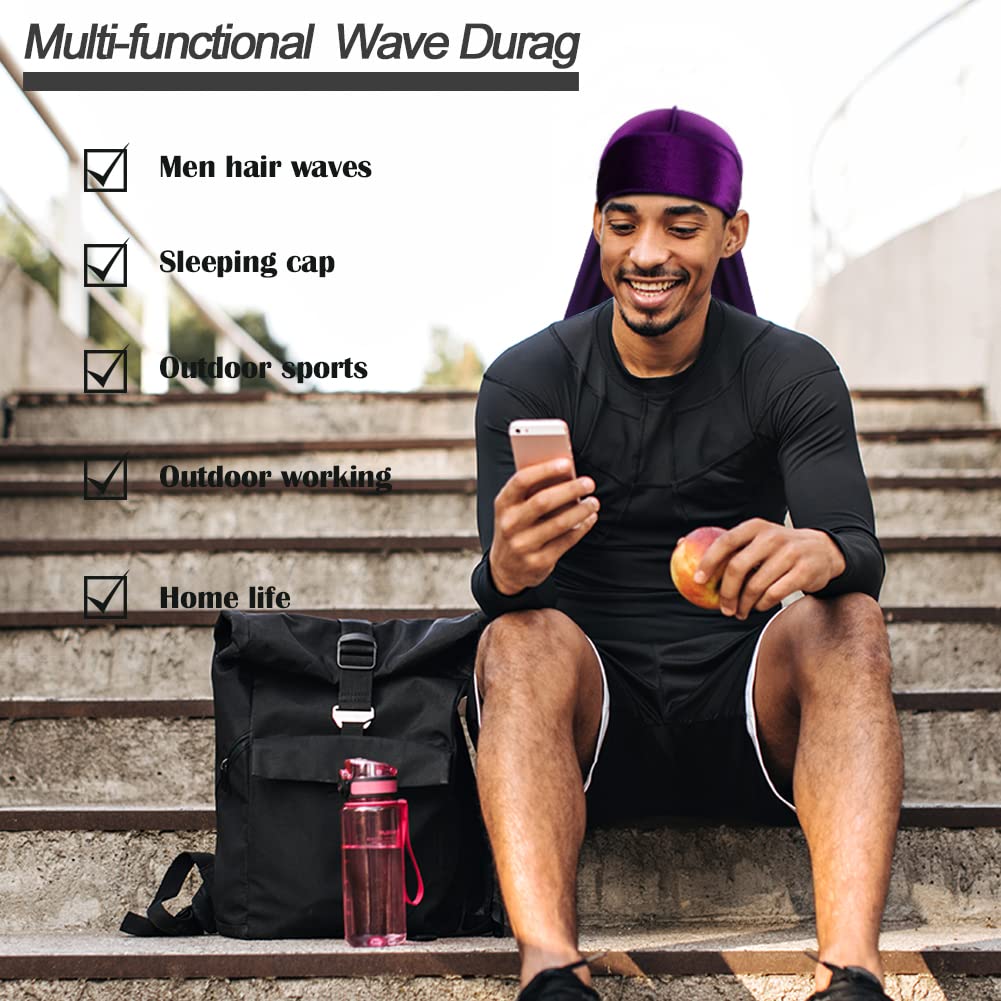 4 Pieces Men Velvet Durag with Long Tail Silky Durag Headwraps for 360 Waves