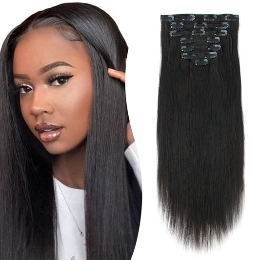 Yuniffe Yaki Straight Clip in Hair Extensions for African American Relaxed Hair Yaki Clip in Hair Extensions Human Hair for Black Women 7Pieces/Set 120 Gram 20 Inch