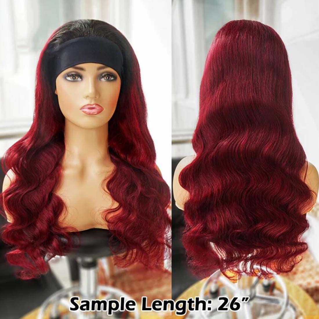 Adette Human Hair Headband Wigs Body Wave Ombre 99J Red Glueless Wavy Wig 180% Density None Lace Front Wigs for Black Women (20 Inch)