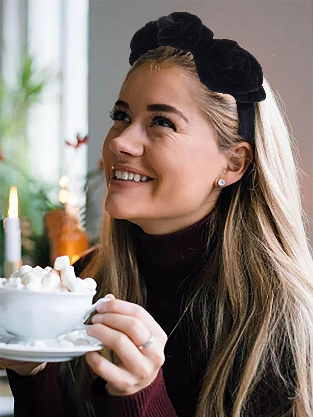 Blindery Elegant Headband Flower Headbands Velvet Hair Bands Rose Flower Hairband for Women and Girls (black)