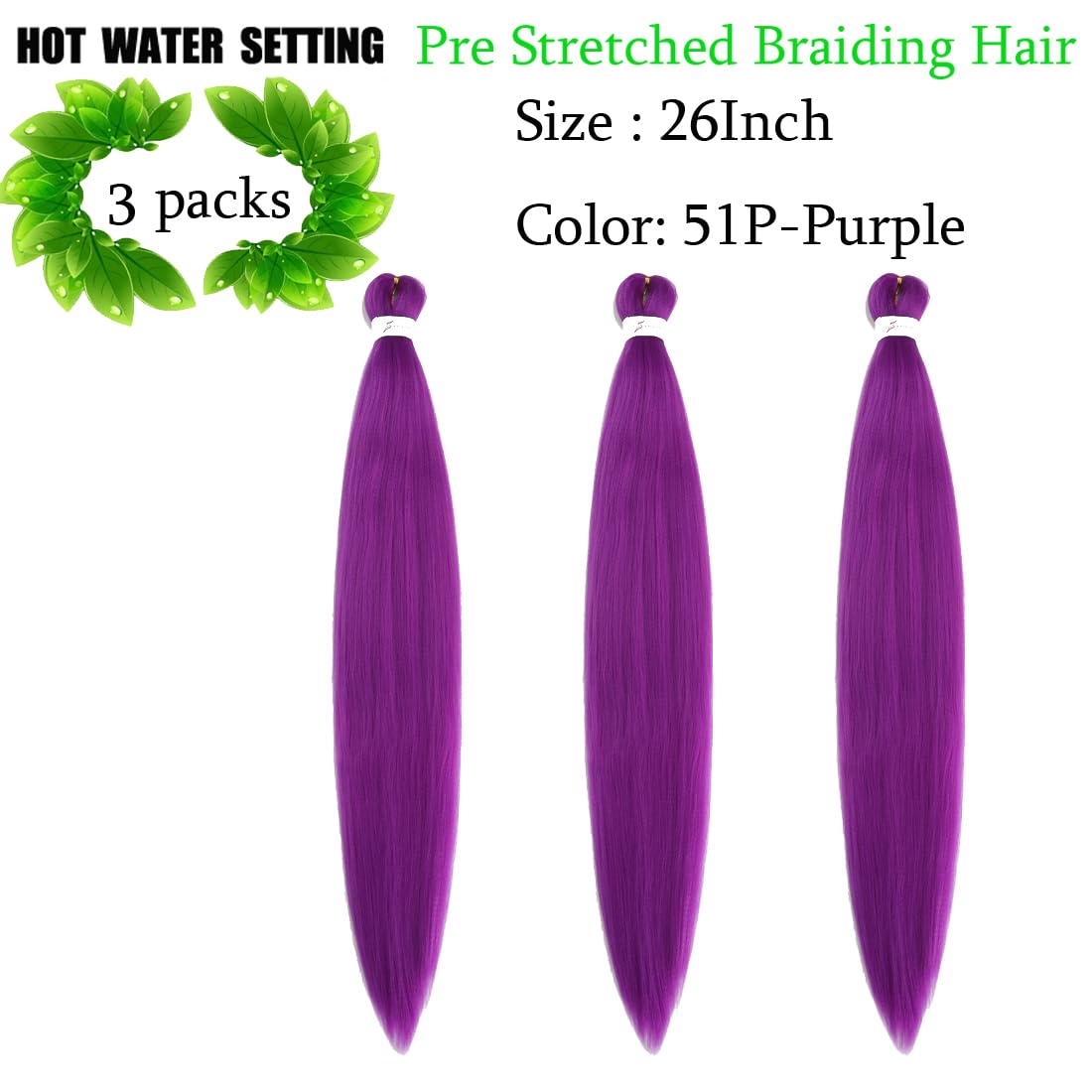 Pre Stretched Braiding Hair 26 Inch 3 Packs Purple Braiding Hair Synthetic Braids Hair Hot Water Setting Crochet Hair for Box Braids Yaki Texture Hair Extensions(26inch,Purple)