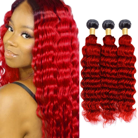 Ombre Human Hair Bundles Red Deep Wave Bundle Human Hair Weave 3 Bundles 12 14 16 Inch Double Weft 2 Tone Black and Bright Red Wet and Wavy Bundles Human Hair for Black Women