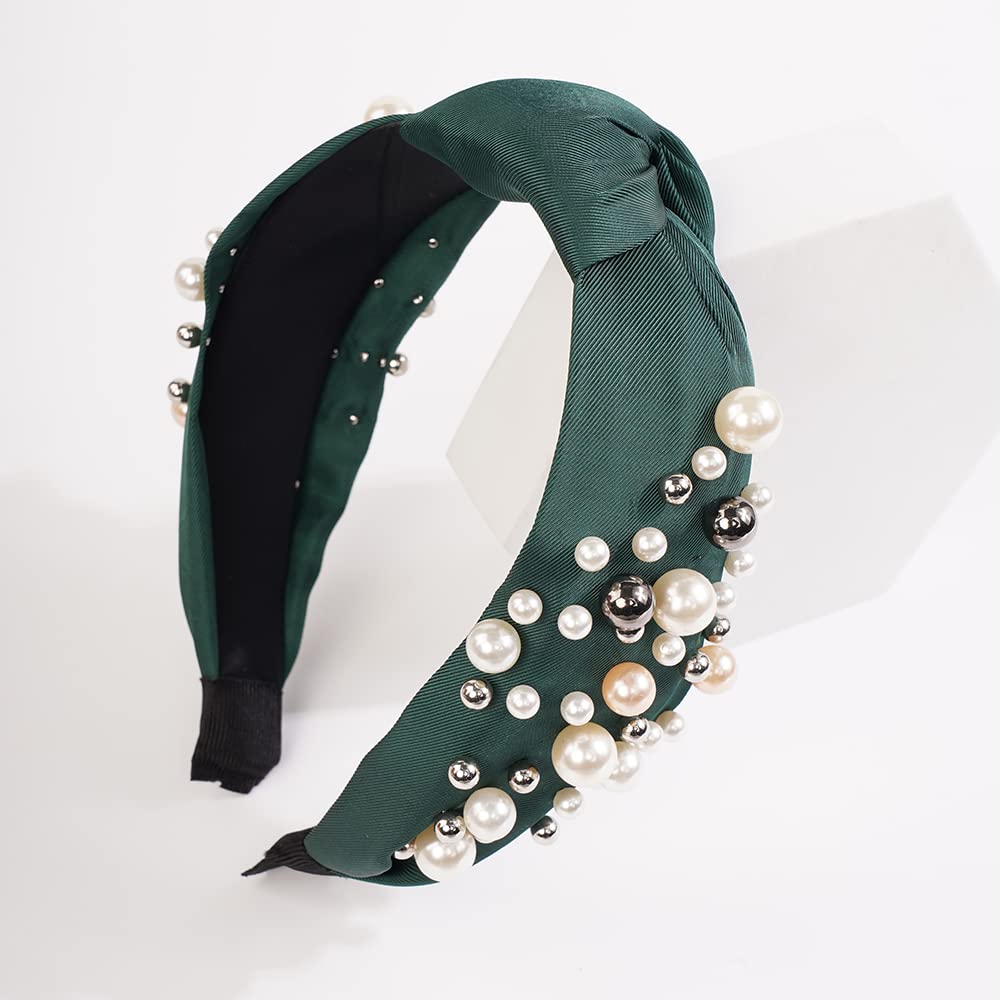 Wiwpar Pearl Knotted Headbands for Women Fashion Wide Pearl Bead Headband Head Bands Boho Hair Accessories (Green)