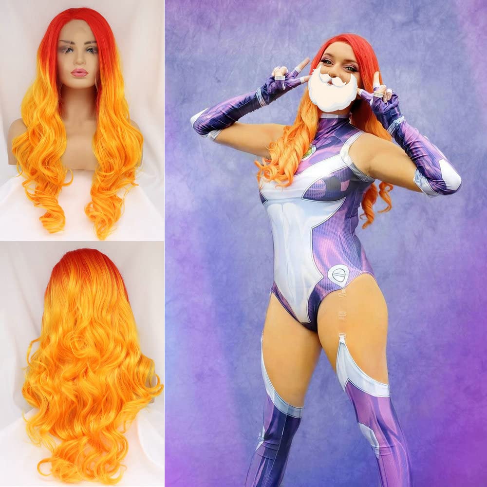 Yinuozhogntian 24" Bright Red Orange Ombre Color Wig Heat Resistant Synthetic Lace Front Wigs for Women Flame Red Female Cosplay Party Wigs Drag Queen
