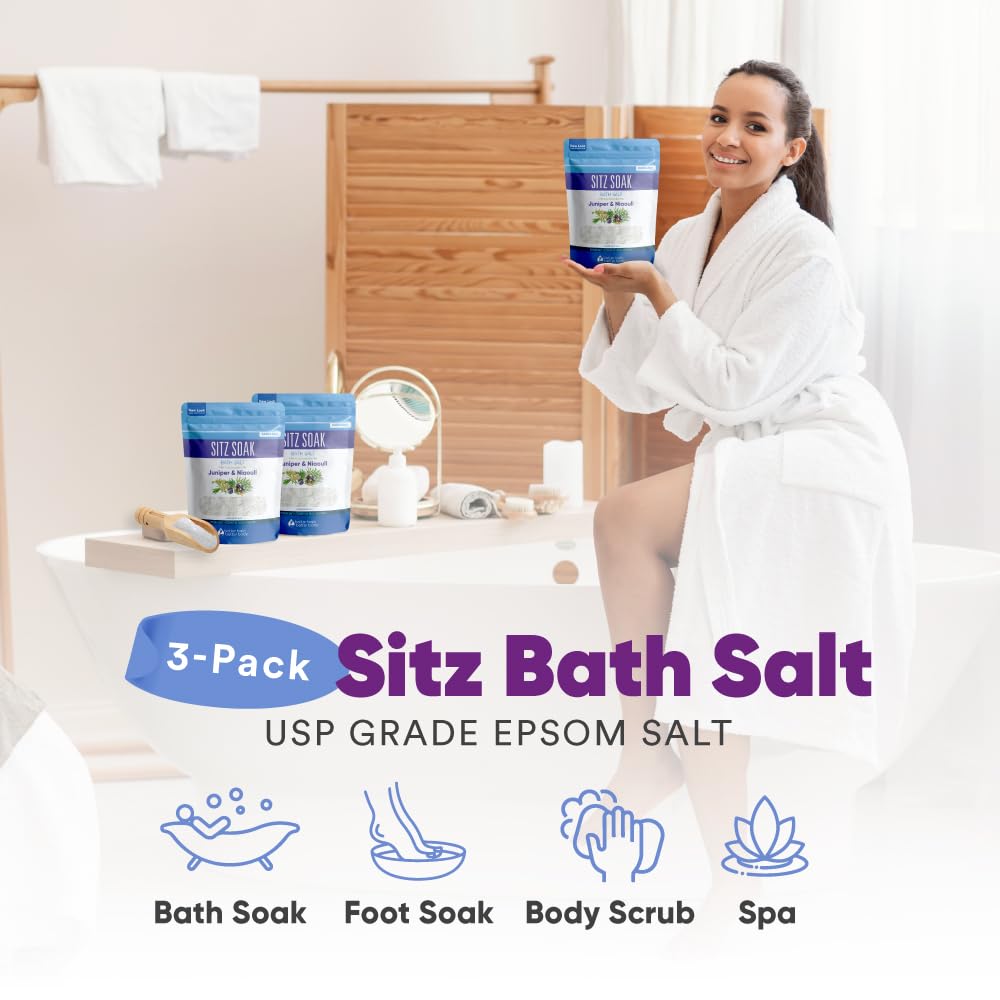 Sitz Bath Salt (3-Pack with Scoop) Hemorrhoid Soothing Sitz Soak Epsom Salt with Pure Essential Oils in BPA-Free Pouch with Easy Press Seal Made in USA with Bamboo Scoop, Three Pouches 6-Lbs Total