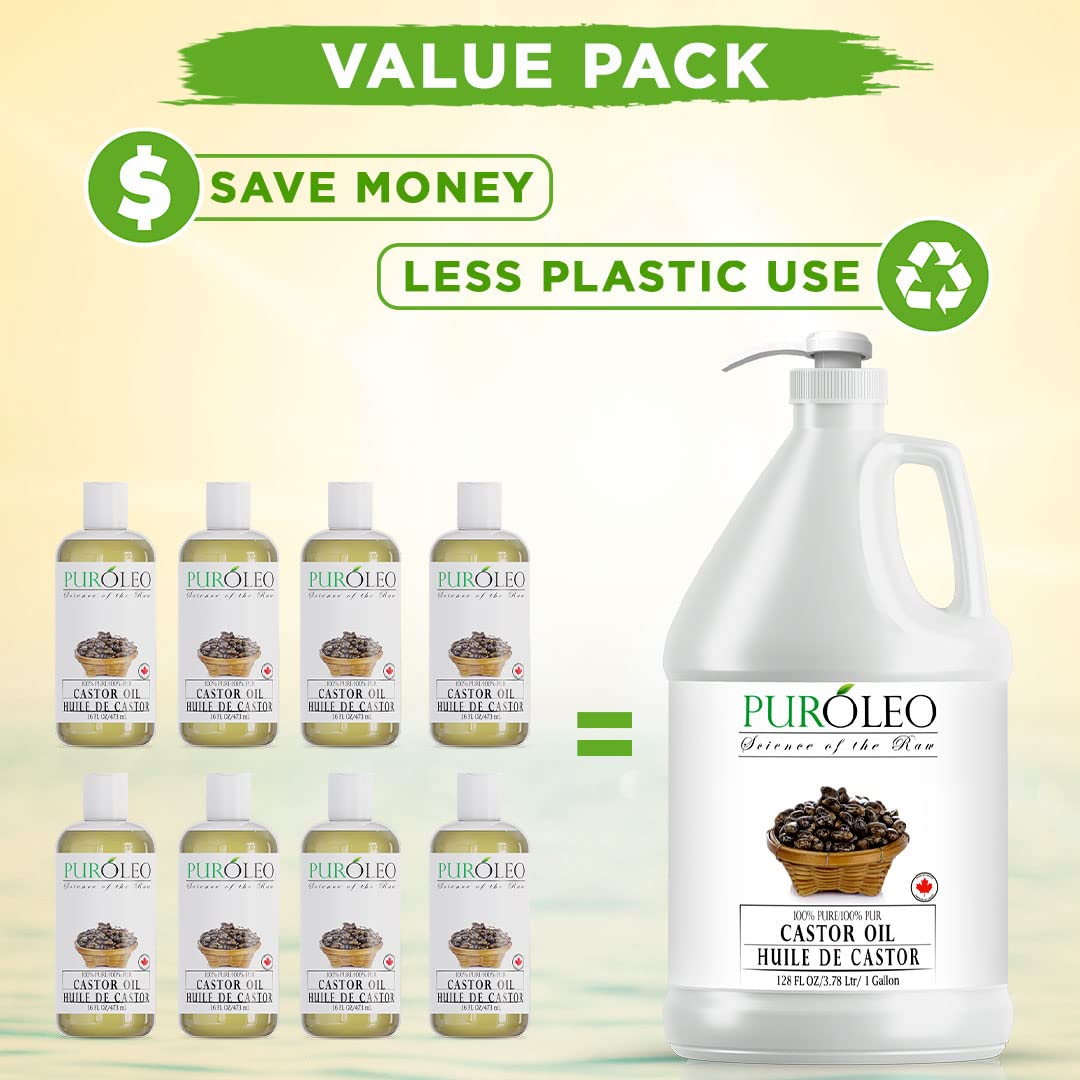 PUROLEO Castor Oil 128 Fl Oz/3784 ML (Made in Canada) Hair, Lash, Beard, Eyelashes & Eyebrow Oil Jamaican Black castor oil for thicker brow longer lashes, Make eyelash serum, hair serum for dry hair