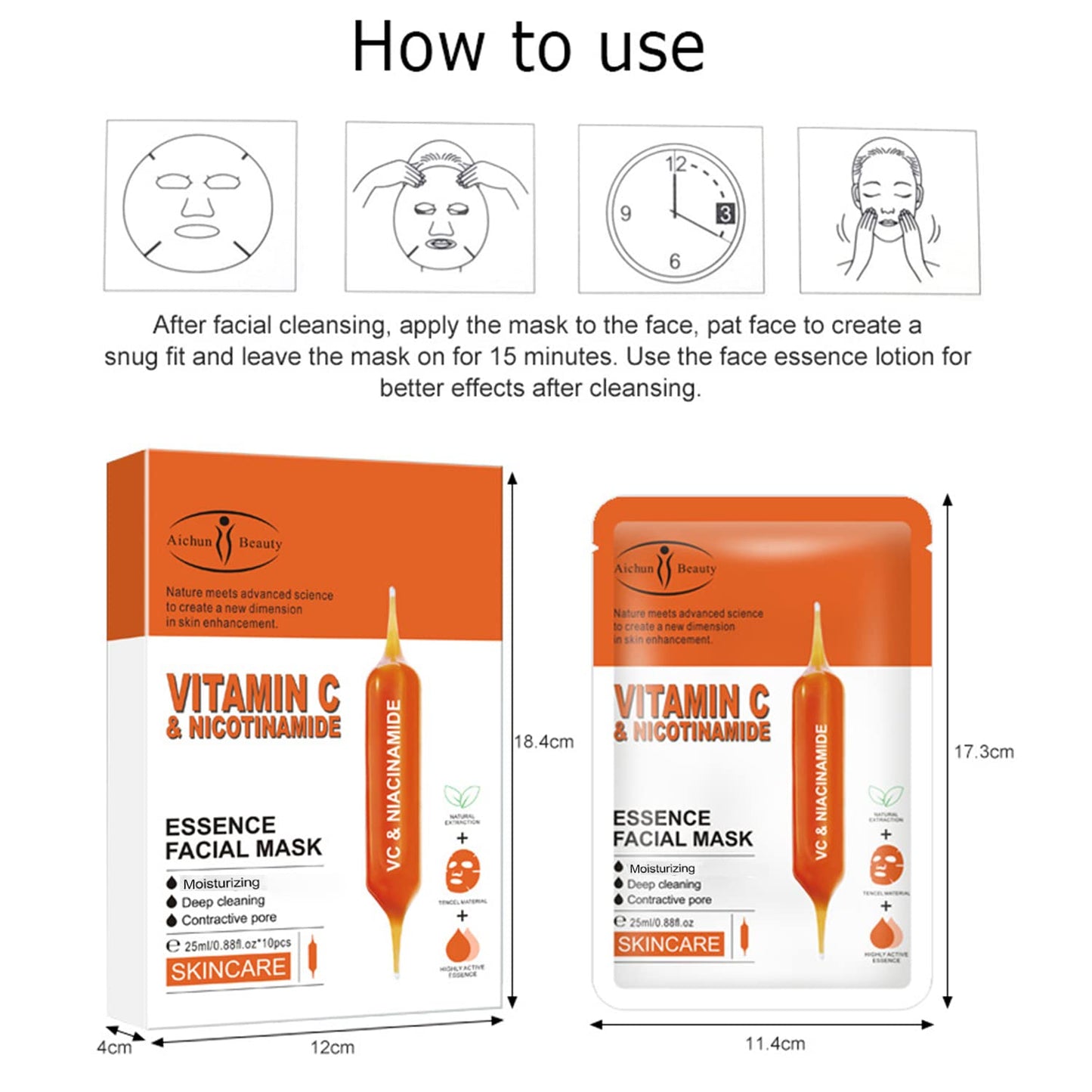 AICHUN BEAUTY Essence Facial Mask Tencel Material Anti-acne Anti-wrinkles After Sun Moisturizing Deep Cleaning Contractive Pore 25ml/0.88fl.oz X 10pcs (VITAMIN C & NICOTINAMIDE(10pcs))