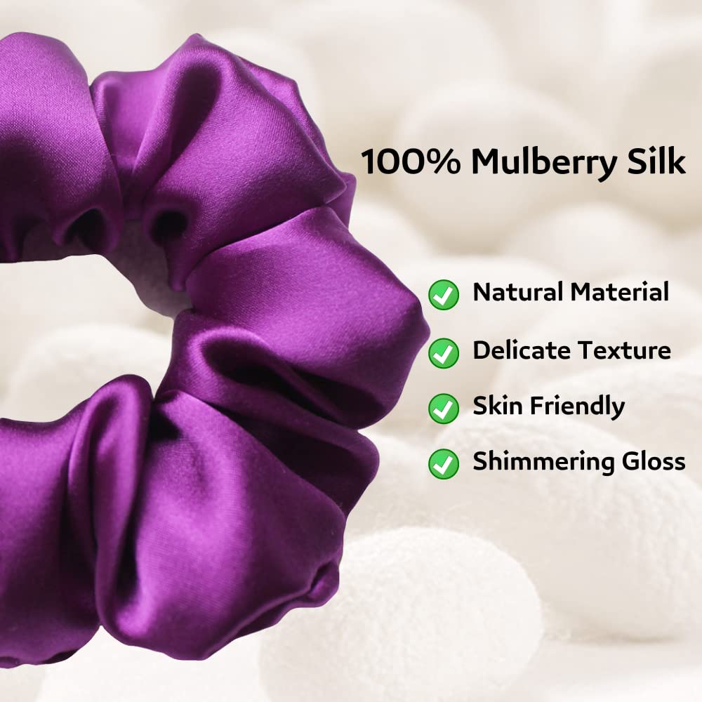 Real Natural Mulberry Silk Scrunchies Hair Elastics Hair Band Hair Ties Hair Holder for Women Girls (A-dark purple+dark red)