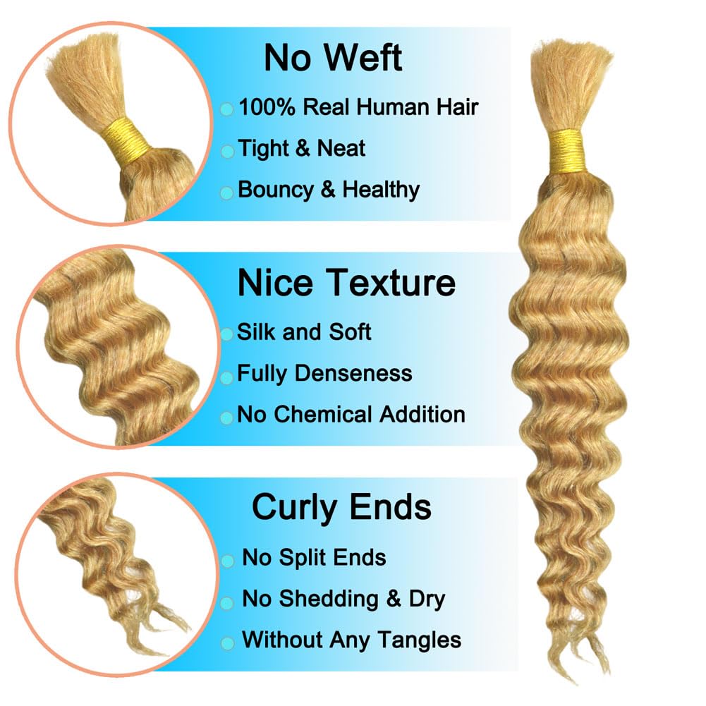 Niviorvan 27 (Honey Blonde) Human Braiding Hair 18 Inch 3 Bundle 150 g Deep Wave Bulk Human Hair for Braiding No Weft Curly Human Hair Extensions for Boho Braids Wet and Wavy Human Hair