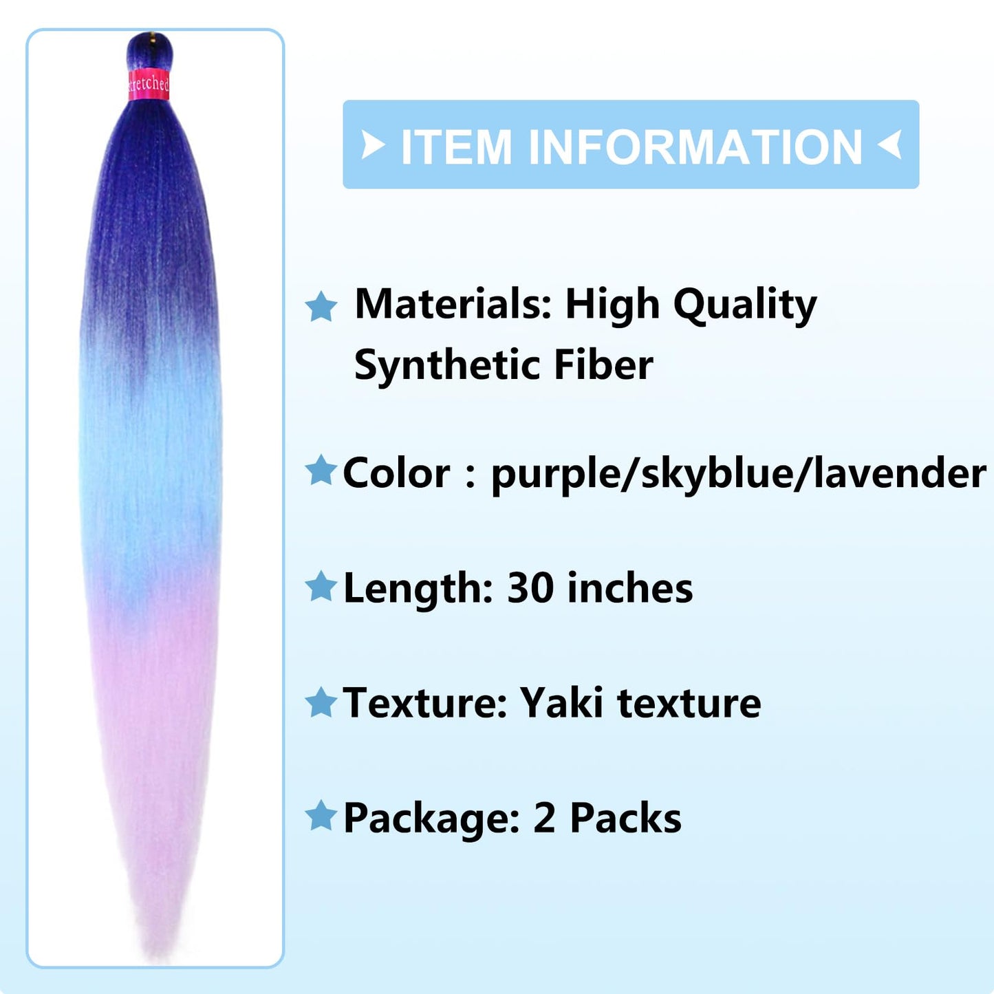 Ombre Purple-Light Blue-Lavender Pre Stretched Braiding Hair 30 Inch Braiding Hair 2 Packs Pre Feathered Hair Extensions Yaki Texture Braids Hair Easy to Use