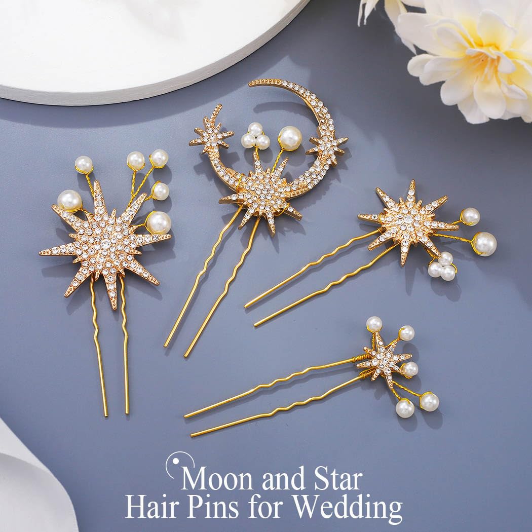 BARTOSI Gold Moon Star Hair Pins Rhinestone Bridal Hair Clips Pearl Bride Wedding Hair Accessories for Women and Girls (Pack of 4) (Gold)
