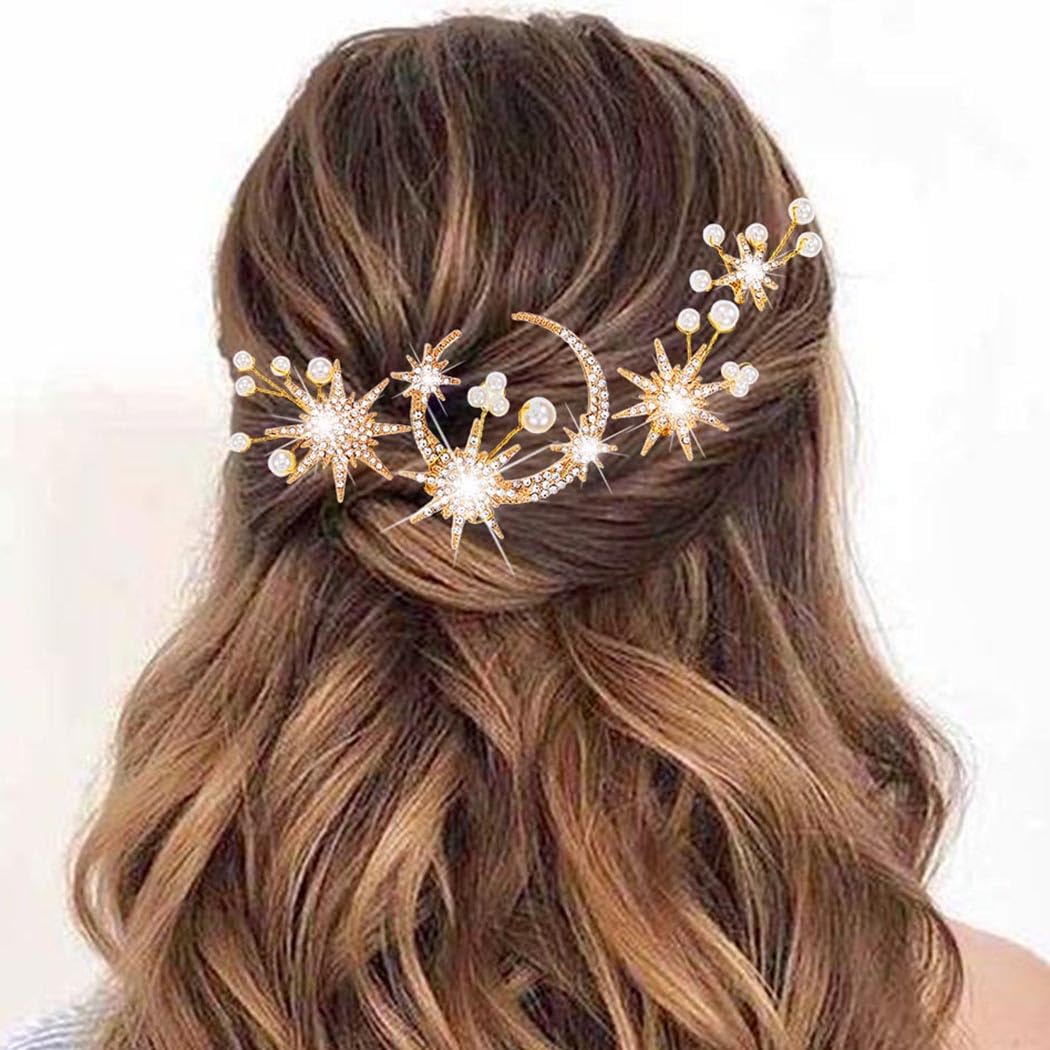 BARTOSI Gold Moon Star Hair Pins Rhinestone Bridal Hair Clips Pearl Bride Wedding Hair Accessories for Women and Girls (Pack of 4) (Gold)